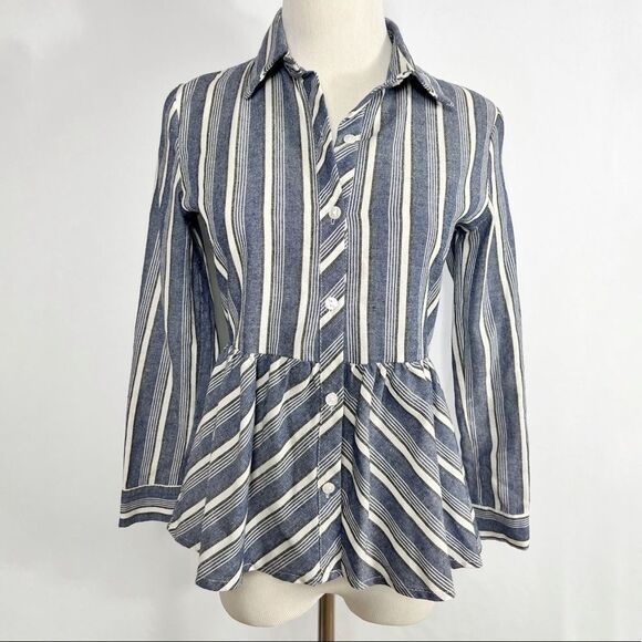LOVE NOTES Blue Peplum Stripe Button Down Ruffle Long Sleeve Cotton Shirt - Picture 9 of 9